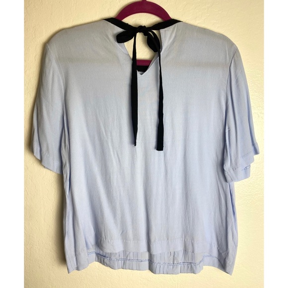 Light Blue Pleated Ruffle Shirt With Black Trim And Bow - Picture 2 of 2